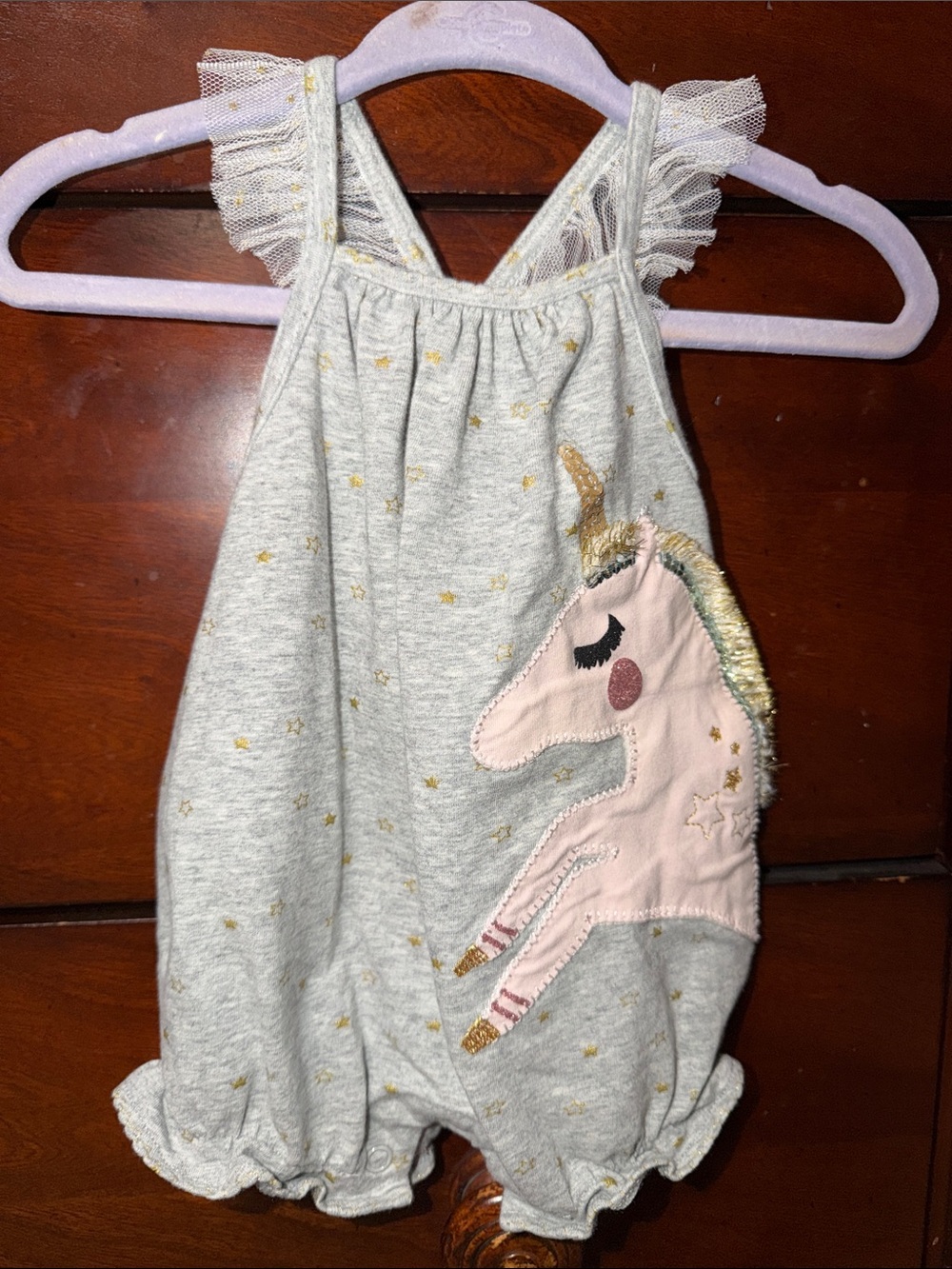 Mudpie Girls Gray | Pink Unicorn Romper size: 3-6 Months